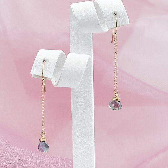 Blue Mystic Quartz Dainty Earrings, 14K Gold Filled Long Dangle Earrings - Picture 1 of 9